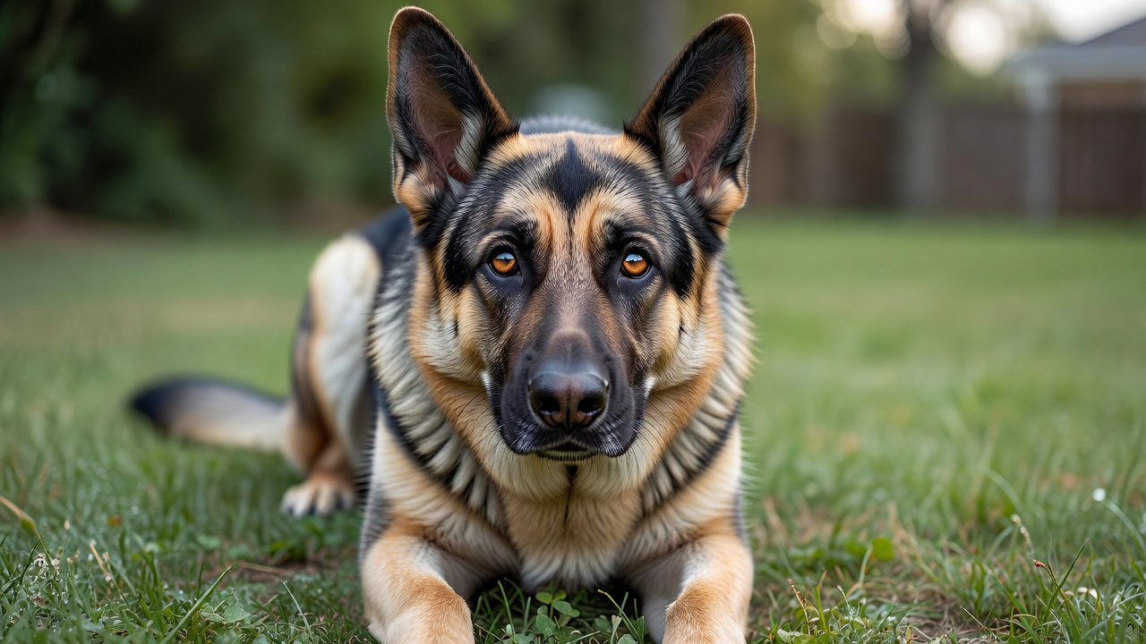 Dog with alert ears looking closely at the camera