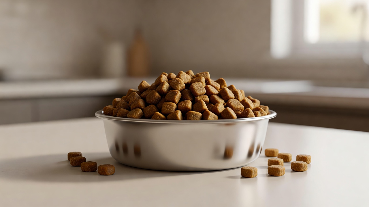 High quality dog food in a stainless steel bowl