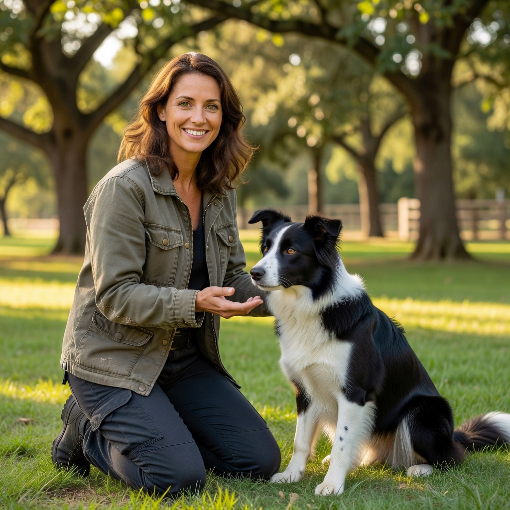 Portrait of a smiling dog trainer with a dog